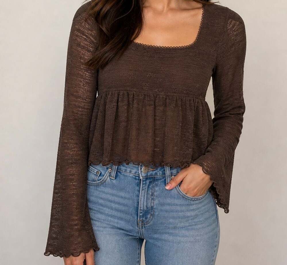 Frankee & Skylarr Brown Lace Square Neck Peplum Top Size L